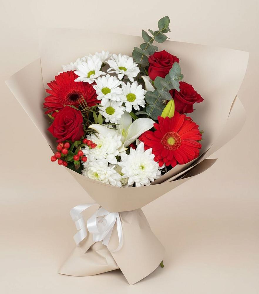 Букет цветов из: Розы, Хризантемы, Герберы и Лилии в Благовещенской