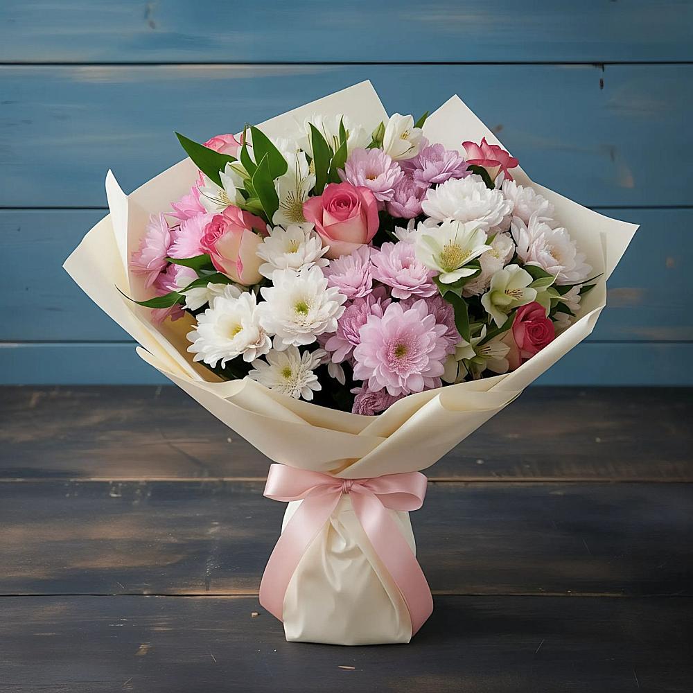 Букет цветов из: Хризантемы, Альстромерии и Розы в Благовещенской